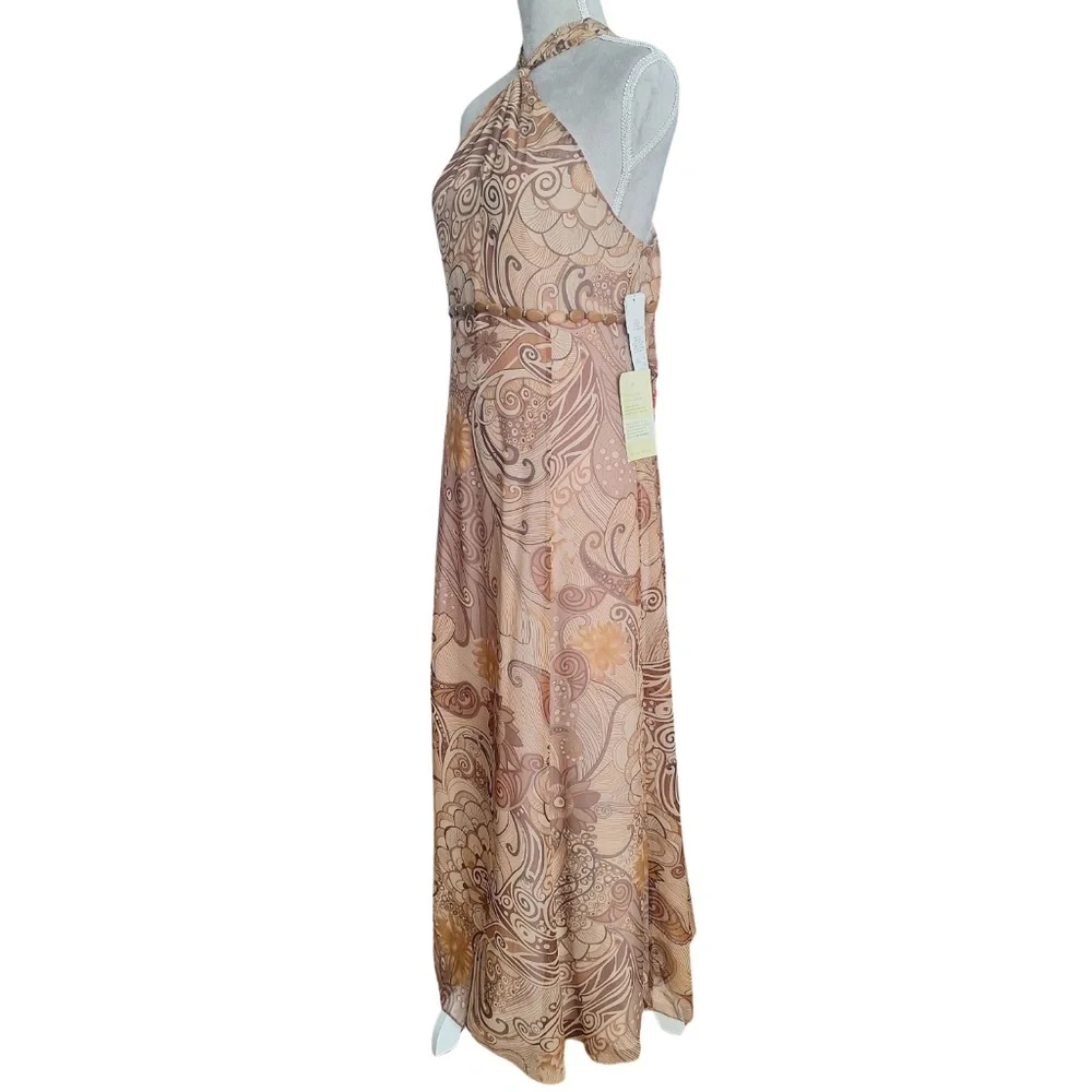 Adrianna Papell Silk Halter Maxi Dress 14 Boho Gown Wedding Guest Beach Cocktail - Picture 4 of 12